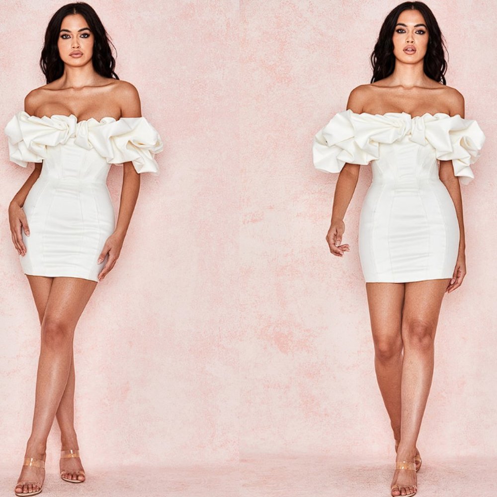 House of CB ‘Selena’ Ivory Satin Ruffle Strapless Mini Dress NWT - Picture 3 of 12
